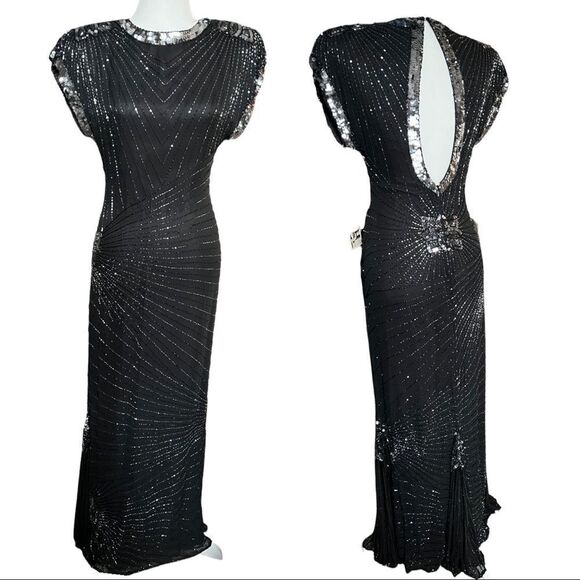 NWT Vintage BlackBeaded Long Evening Gown Cap Drape Sleeve Shoulder Pads Size 4 - Picture 16 of 16